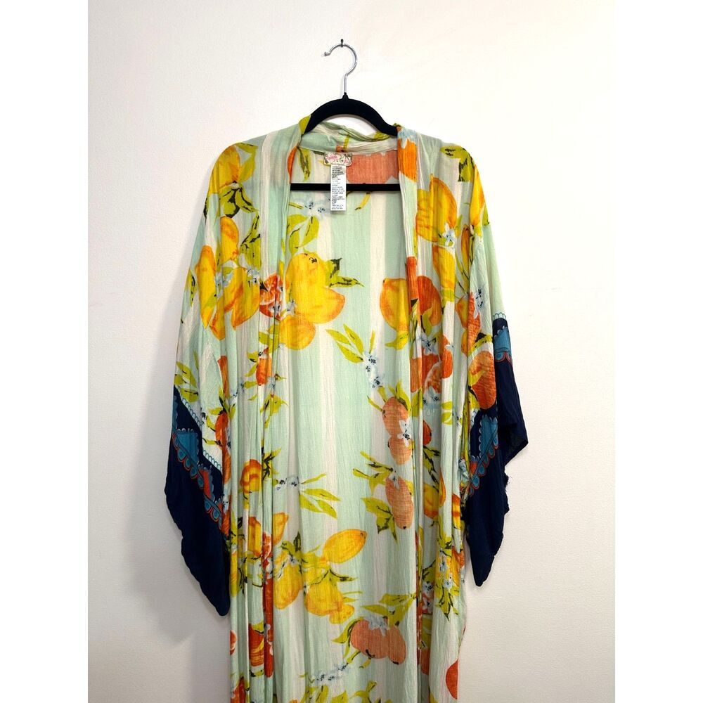 Free People One Size Floral Maxi Duster Boho Mint Orange Navy Beach Cover Up